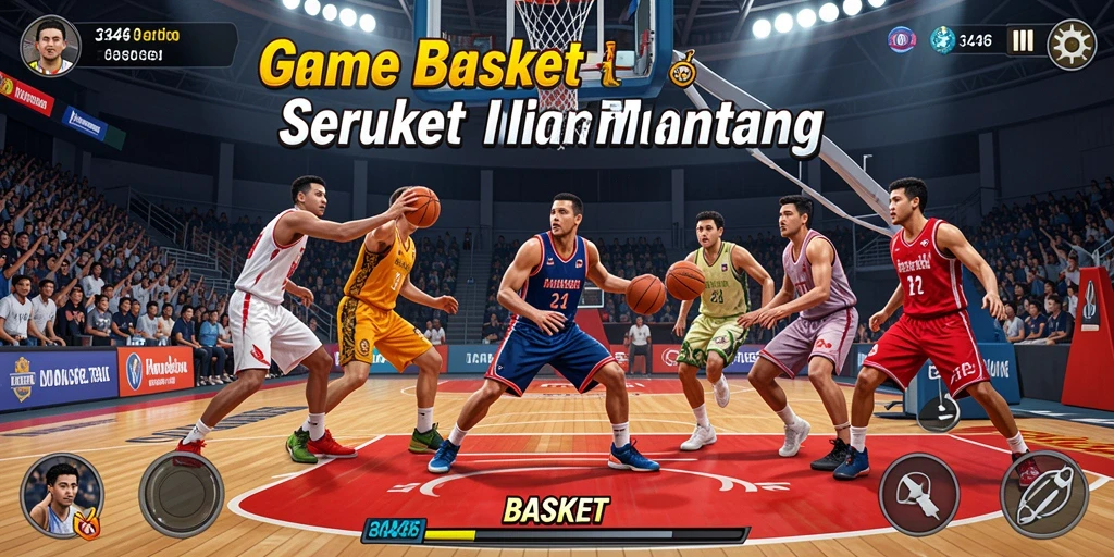 Screenshot utama menampilkan antarmuka pertandingan basket yang dinamis.