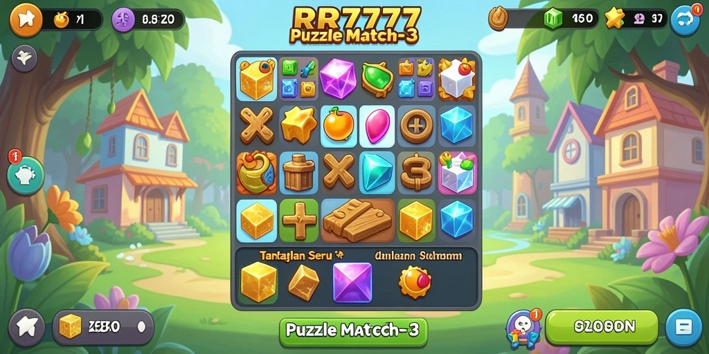 Screenshot antarmuka RR777 menunjukkan keseruan gameplay Puzzle Match-3.